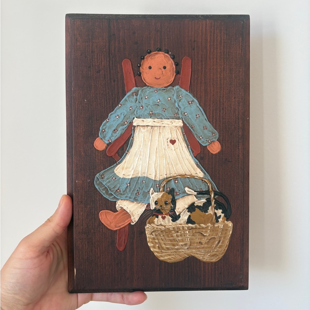 Handmade Folk Art Wall Decor of Rag Doll and Cat on Wood Plaque Granny Decor